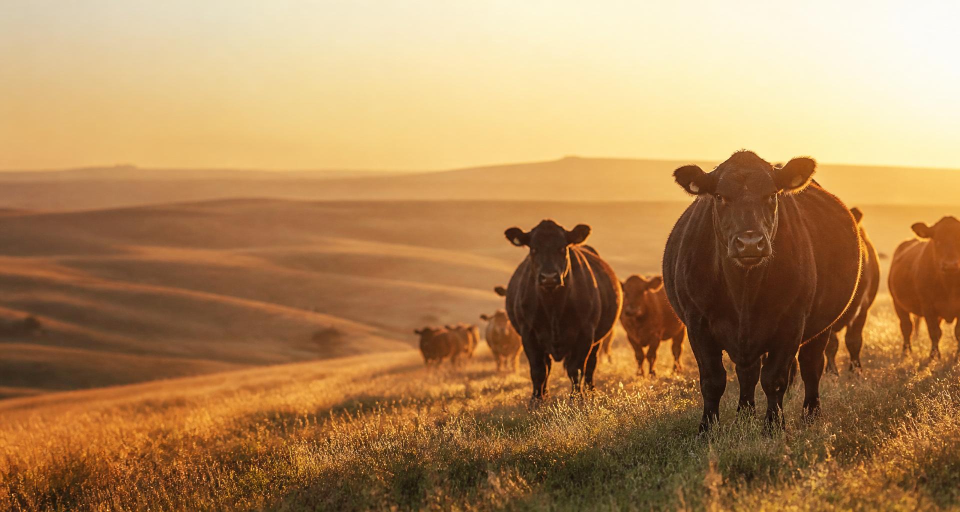 Healthy commercial cattle herd at golden hour