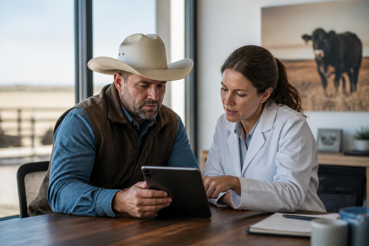 Ranch manager and scientist reviewing data together