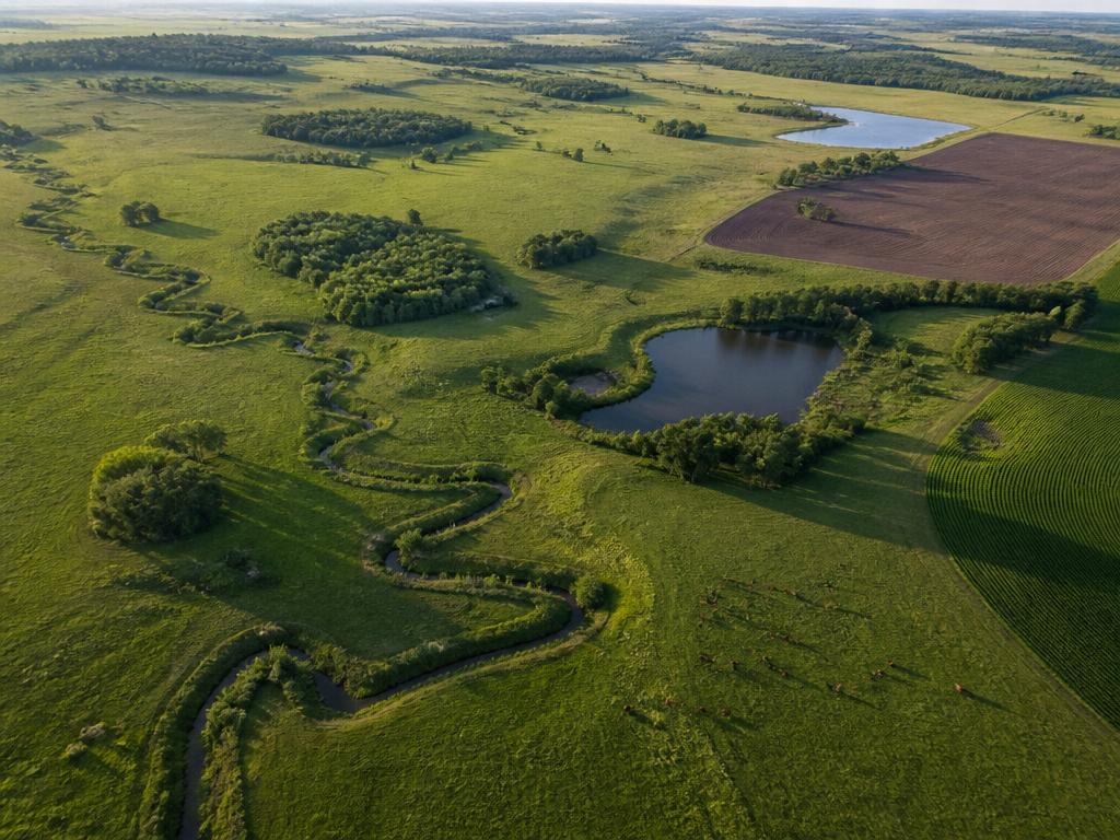 Aerial view of a productive ranch with ponds and streams