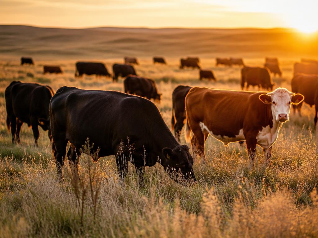 Healthy commercial cattle herd at golden hour